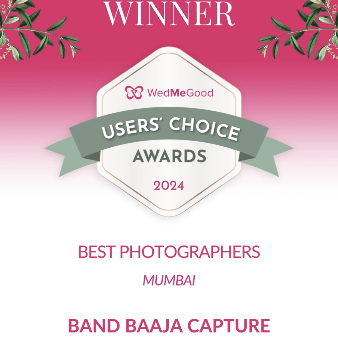 WedMeGood Users’ Choice Awards 2024 winner certificate, Best Photographers Mumbai, Band Baaja Capture